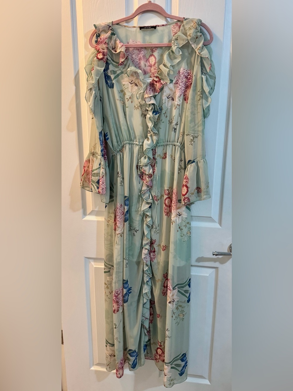 Light Green Floral Ruffle Long Sleeve Dress